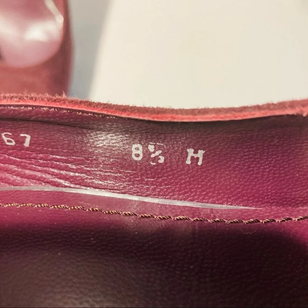 STUART WEITZMAN Sz 8.5 Burgundy Red Suede Heels Platform Woodgrain Design Shoes - Picture 8 of 10